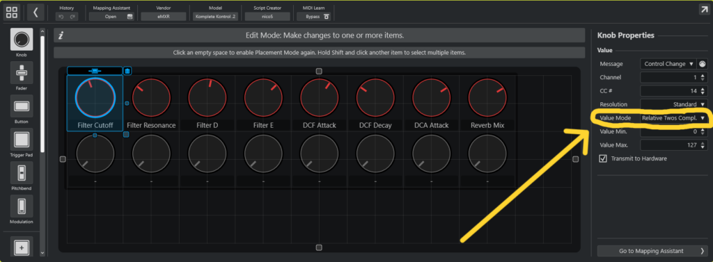 Cubase MIDI Remote - Knobs in Value Mode: Relative Two's Complement