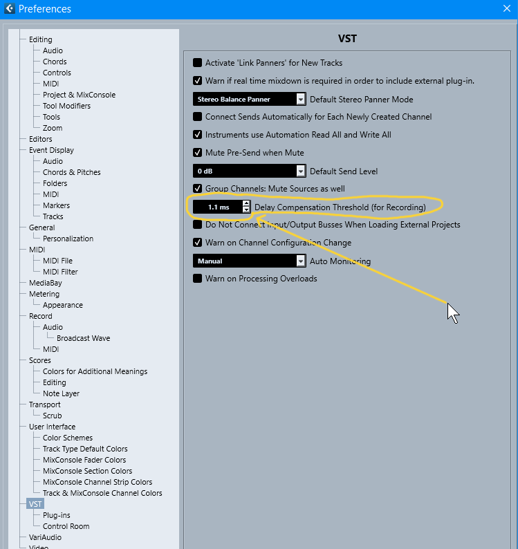Cubase 13 Preferences: Delay Compensation Threshold