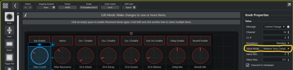 Cubase MIDI Remote - Knobs in Value Mode: Relative Two's Complement