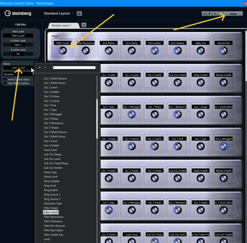 Cubase Remote Control Editor - Mapping the VST Automation parameters into their desired parameter slots.