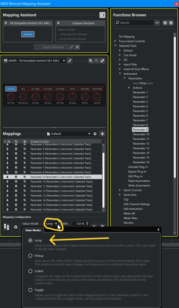 Cubase MIDI Remote Mapping Assistant - set a Button's Value Mode to Jump